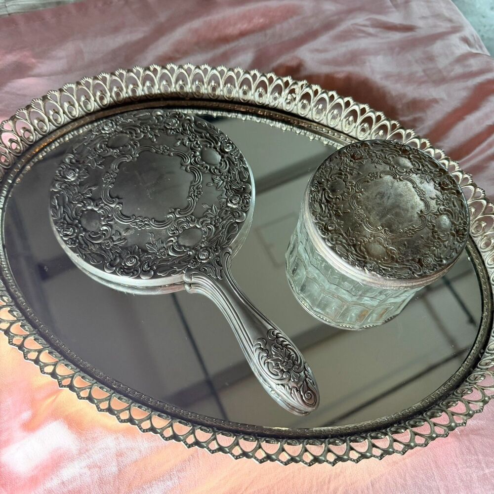 Curated Collective Set | Ornate Silver Vanity Tray, Powder Jar, Hand Mirror